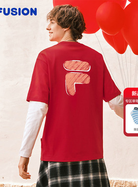 章昊同款FILA FUSION斐乐潮牌情侣款红色短袖2026春新年款宽松T恤