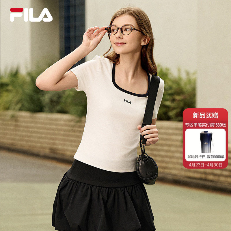 FILA斐乐短袖T恤女2026夏季新款简约运动修身撞色U领短款上衣白色