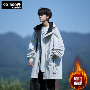 秋冬款 大码 中长款 外套男士 夹克男宽松潮牌加绒加厚连帽风衣男 工装