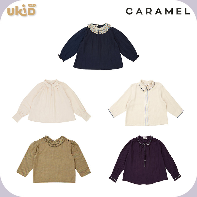 现货 caramel 新款 藏蓝色花边描边翻领长袖衬衫