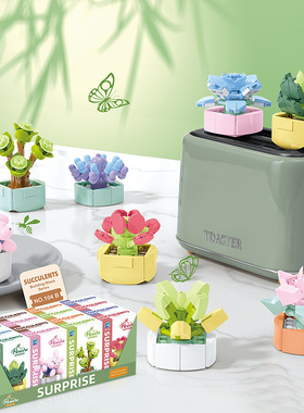 墨仔屋TOY 马卡龙多肉盆栽系列迷你胃颗粒小积木拼装玩具家居摆件