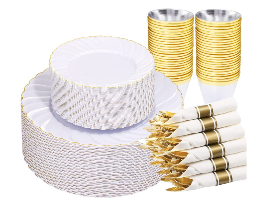 一次性圆盘套装金色花边盘7.5寸蛋糕盘刀叉勺杯纸巾聚会派对餐具,餐饮具,可降解餐具/环保餐具,淘宝优惠券,粉丝福利购,淘宝优惠卷