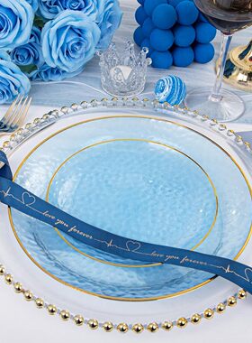 10个 7.5+10.25寸PS硬塑料蓝色金边锤锻深盘粉色盘刀叉勺酒杯纸巾