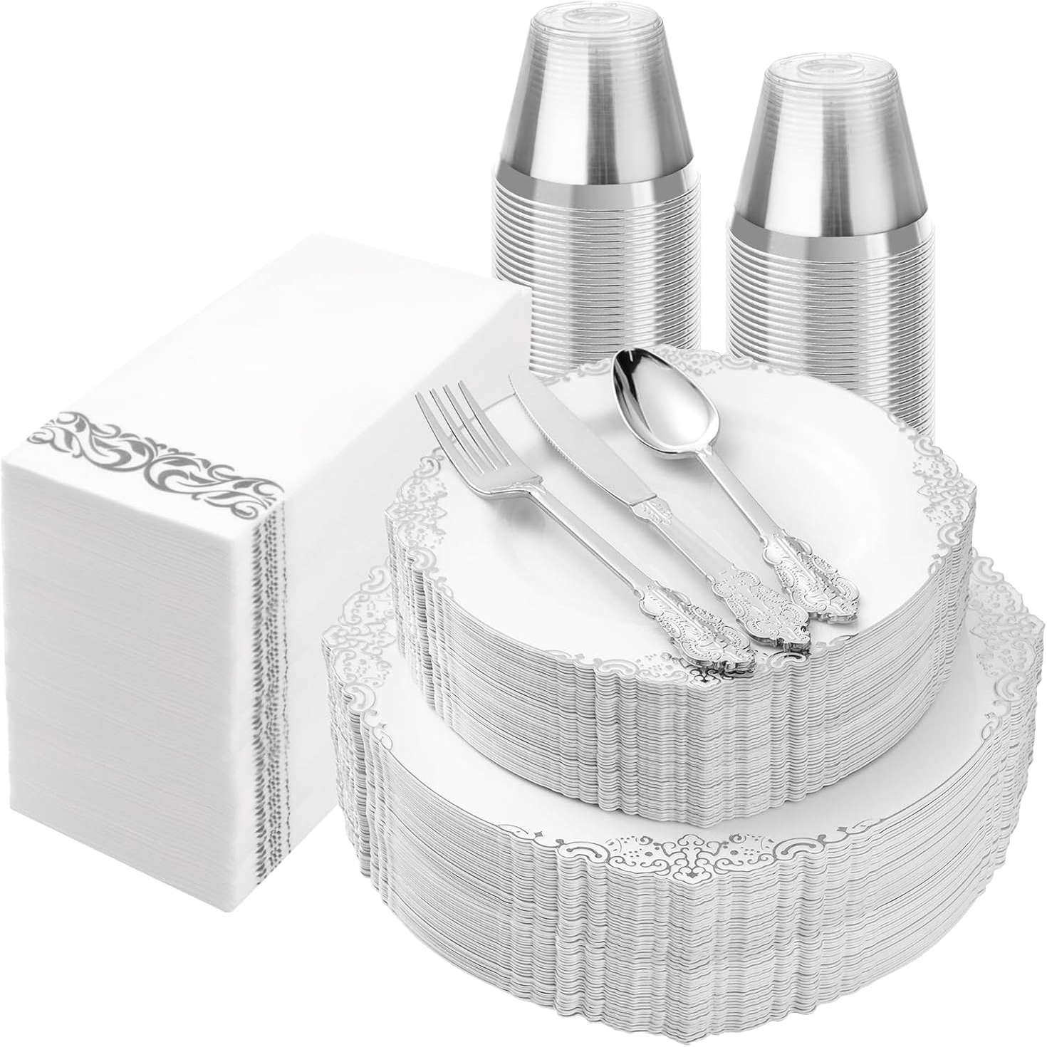 白色浮雕盘银边刀叉勺杯纸巾一次性餐具套装聚会派对餐具甜点碟盘,餐饮具,可降解餐具/环保餐具,淘宝优惠券,粉丝福利购,淘宝优惠卷