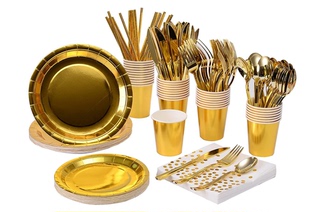 烫金玫瑰金圆点纸盘一次性野餐纸盘蛋糕盘碟派对餐具纸杯纸巾套装