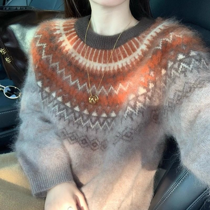 费尔岛提花羊绒混纺羊毛女毛衣