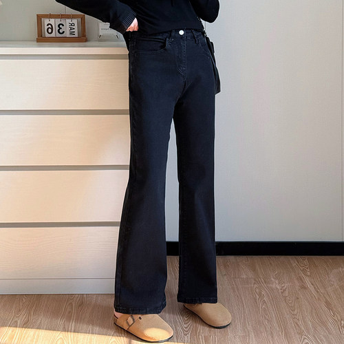 COCO微胖大码2025秋季裤子女简约百搭休闲新款黑色高腰微喇牛仔裤