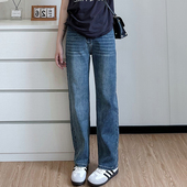 COCO大码 显瘦高腰休闲宽松高弹力直筒长裤 女胖mm春秋季 软牛仔裤