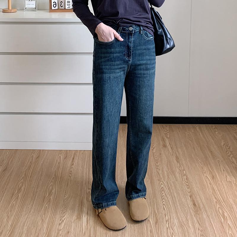 COCO秋季新款复古蓝直筒牛仔裤女大码胖妹妹mm梨形身材宽松阔腿裤