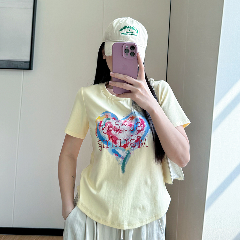 COCO微胖大码夏装新款韩系气质爱心印花胖mm短袖宽松洋气T恤上衣