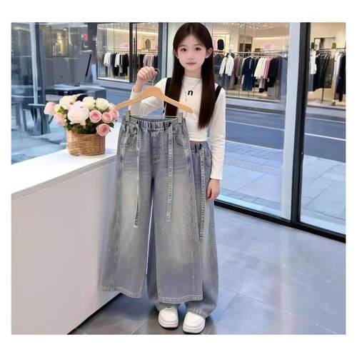 沐汐家 2026新款夏季女童满天星牛仔阔腿裤儿童时尚宽松显瘦长裤