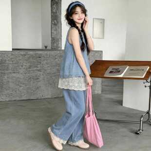 沐汐家 牛仔三件套花边刺绣款档次高女童夏季新款牛仔