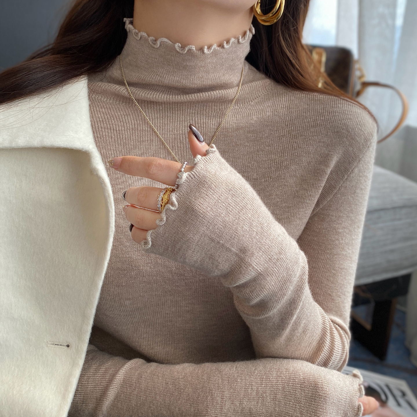 【气质木耳边】中领针织打底衫