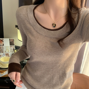 撞色低圆领假两件打底衫女内搭2025秋冬新款法式毛衣针织长袖上衣