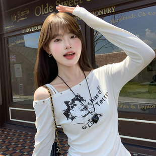 露肩巨好看T恤斜肩打底衫 白色一字肩长袖 上衣女内搭2025早秋新款