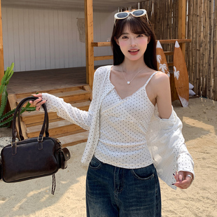 气质漂亮套装 蕾丝吊带两件套女叠穿2026早春新款 龙妹白色波点开衫