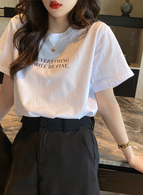 白色圆领正肩短袖T恤女2026春夏新款百搭休闲印花宽松纯棉小上衣