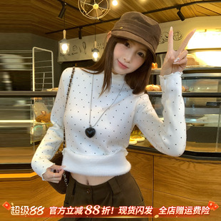 龙妹白色半高领波点加绒毛衣打底衫女内搭冬季新款木耳边针织上衣