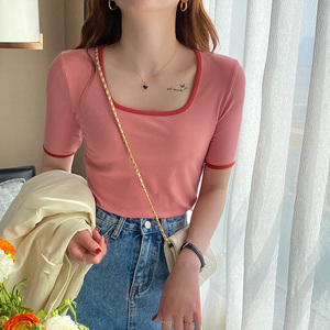 方领纯棉t恤女短袖2023夏季新款短款正肩修身设计感小众锁骨上衣