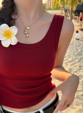 红色纯棉吊带背心女内搭外穿2025秋新款带胸垫打底遮副乳港风上衣