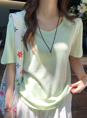 龙妹家绿色V领短袖T恤女2026春夏新款竹节棉宽松半袖冰丝棉麻上衣