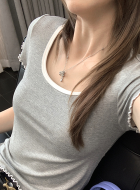 龙妹灰色木耳边短袖T恤女2026年新款夏季设计感撞色修身显瘦上衣