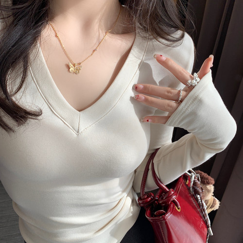 秋冬磨毛加绒V领打底衫女内搭