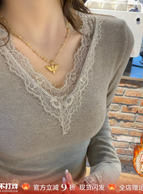 V领蕾丝灰色加绒打底衫女内搭2025冬新款绝美修身黑白保暖T恤上衣