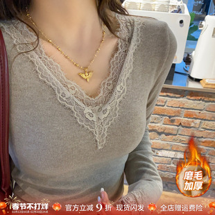 V领蕾丝灰色加绒打底衫女内搭2025冬新款绝美修身黑白保暖T恤上衣