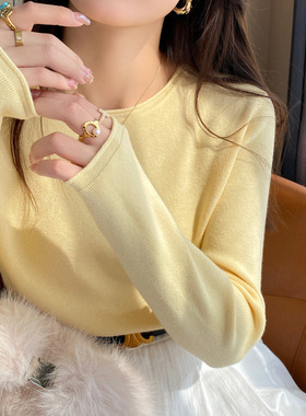 黄色低圆领打底衫女内搭2025秋冬季新款宽松薄款毛衣长袖针织上衣