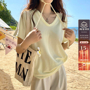 黄色V领宽松短袖T恤女装2026夏秋新款薄款绝美大领口正肩白色上衣