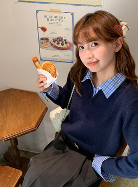 龙妹家蓝色POLO领打底衫女内搭2025新款秋冬季假两件毛衣针织上衣