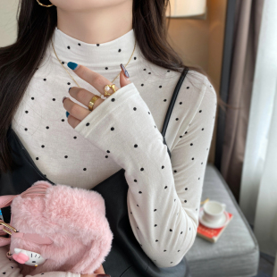长袖 白色波点半高领打底衫 显瘦修身 新款 t恤上衣 女内搭2025早秋季