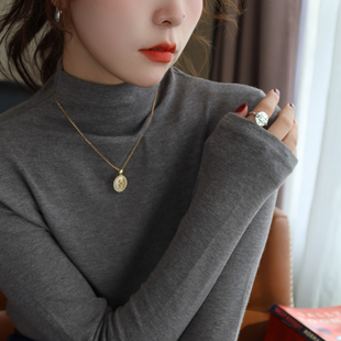 龙妹家灰色半高领长袖打底衫女内搭2026春季新款堆堆领修身小上衣