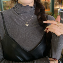 灰色烫钻木耳边半高领蕾丝打底衫女内搭早秋季新款高级感网纱上衣