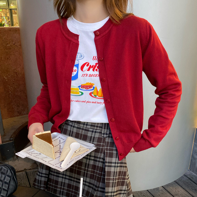 红色针织开衫打底女上衣