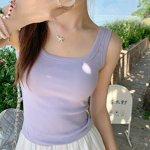 龙妹紫色工字方领吊带背心女内搭外穿春夏新款遮副乳打底无袖上衣