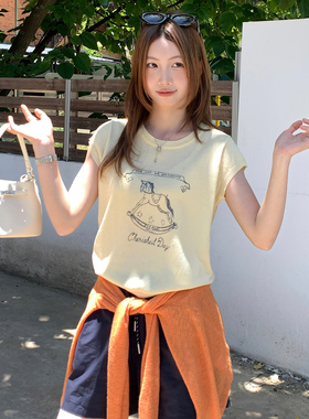龙妹黄色印花亚麻针织短袖T恤女外穿2026夏季新款莱赛尔宽松上衣