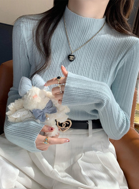 蓝色半高领坑条针织衫女内搭2025初秋新款高级感毛衣长袖打底上衣