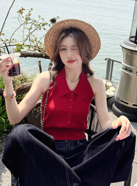 复古港风美背红色吊带背心春夏女外穿新款打底内搭针织挂脖小上衣