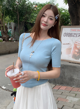龙妹蓝色半袖针织短袖T恤女2026春夏新款独特绝美中袖修身小上衣
