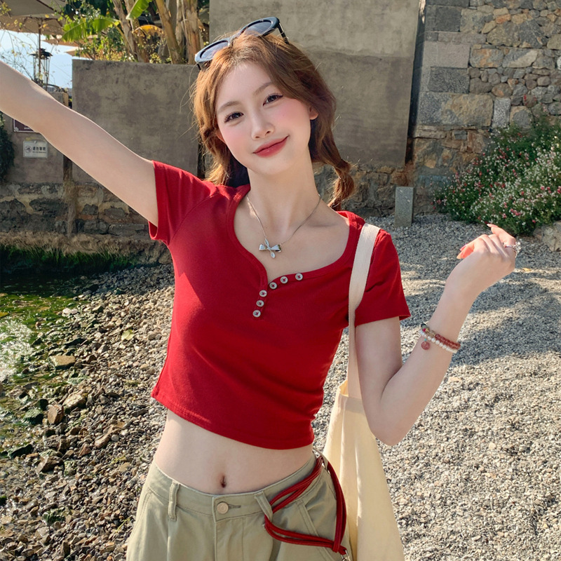 红色修身短款V领正肩短袖T恤女