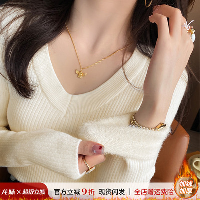 加绒加厚V领打底衫女内搭上衣