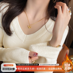 白色加绒加厚V领打底衫女2026春秋季新款毛衣内搭高级感针织上衣