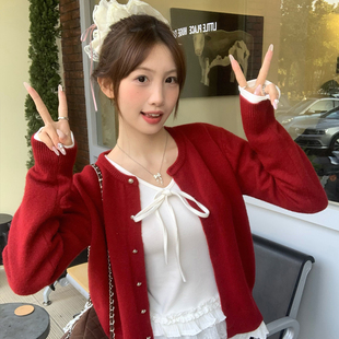 龙妹家红色毛衣开衫外套女内搭2026春季新款宽松慵懒针织上衣外穿