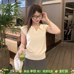 韩系打底上衣 女外穿内搭2026春夏新款 龙妹白色翻领短袖 T恤针织衫