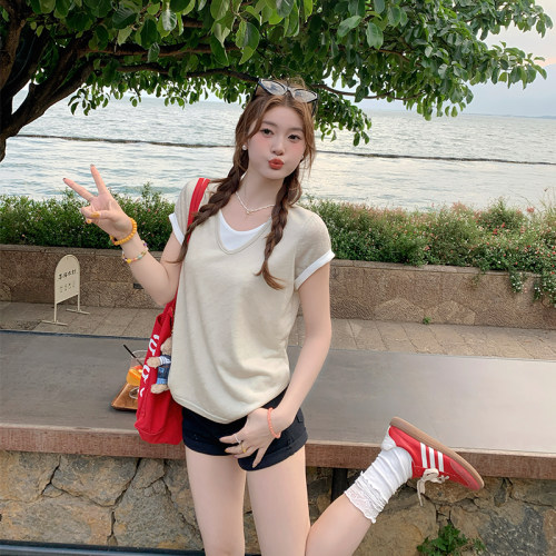V领冰丝棉麻假两件短袖T恤女