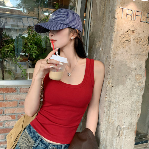 【纯欲风百搭款】红色U领小吊带