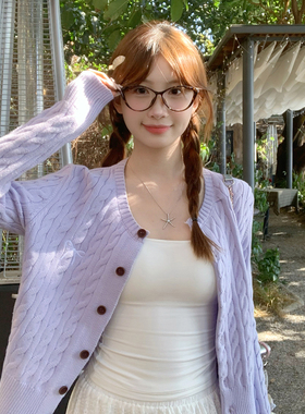 龙妹紫色麻花开衫外套女外穿内搭2026春季新款超好看打底针织上衣