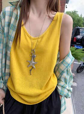 龙妹家黄色棉亚麻吊带背心女夏外穿新款宽肩内搭宽松大码无袖上衣